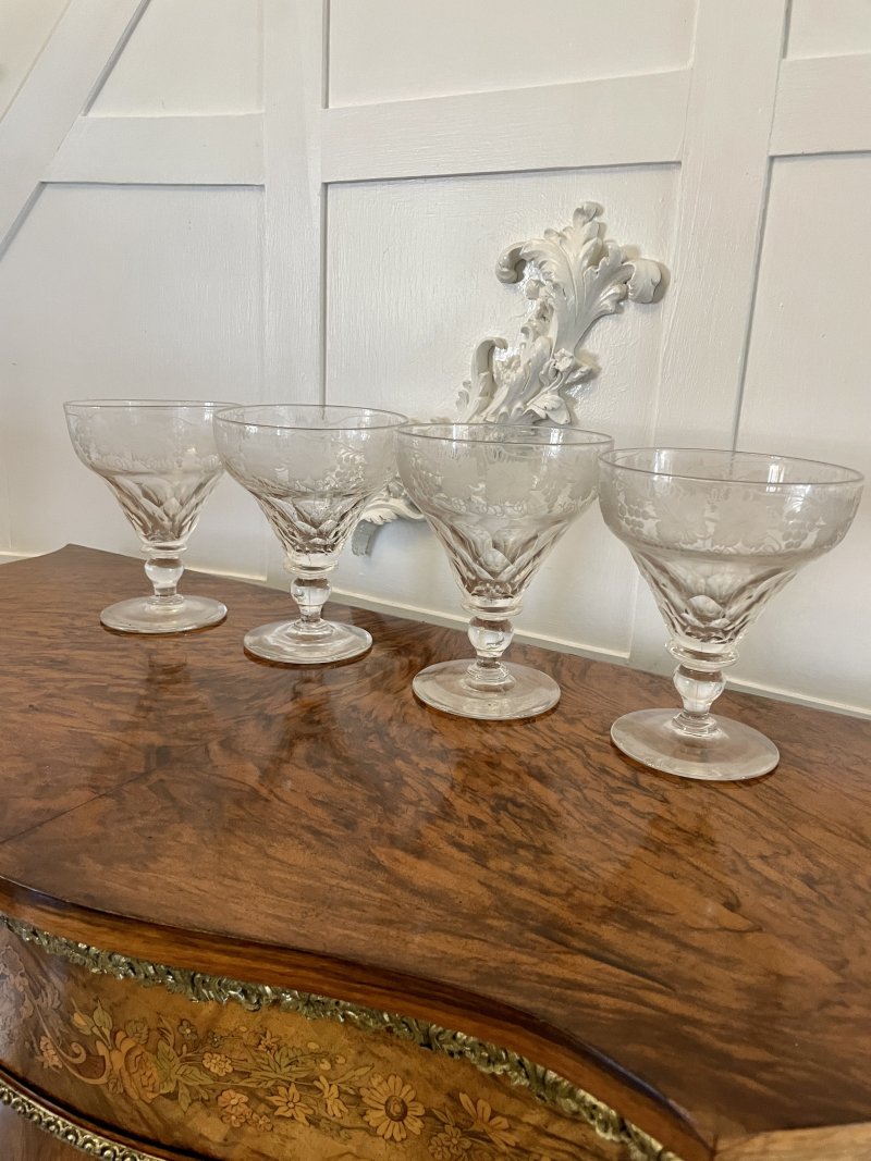 Unusual Large Set of 4 Antique Victorian Quality Engraved Glasses